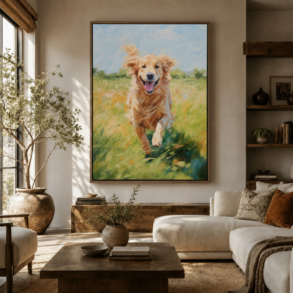 Large impressionist dog canvas print on living room wall above white sofa with rustic wood shelves and olive tree