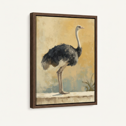 Framed vintage ostrich canvas print angled view showing dark walnut floater frame and ochre background detail