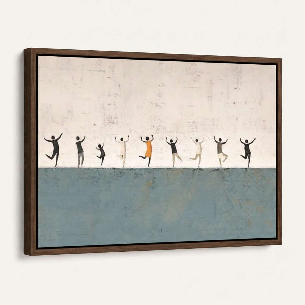 Angled side view of dark walnut framed dancing figures canvas showing blue and white minimalist composition