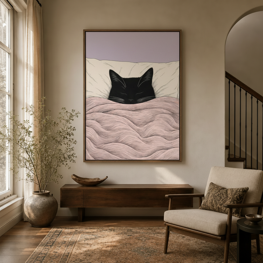 Minimalist black cat sleeping under blush pink blanket canvas wall art displayed in cozy living room