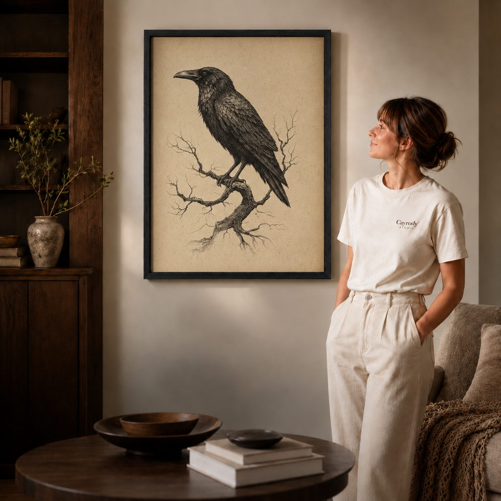 Black-framed raven canvas wall art beside a woman in white in a warmly lit living room.