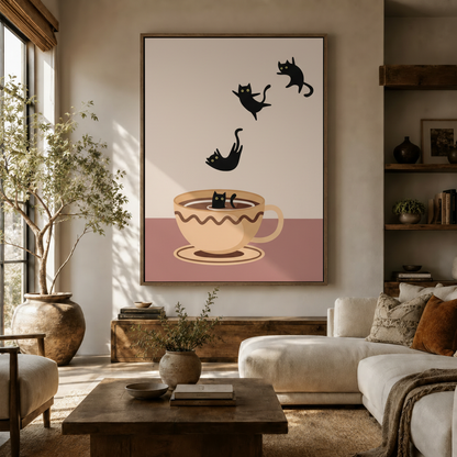 Whimsical black cat canvas wall art displayed above white sofa in modern boho living room