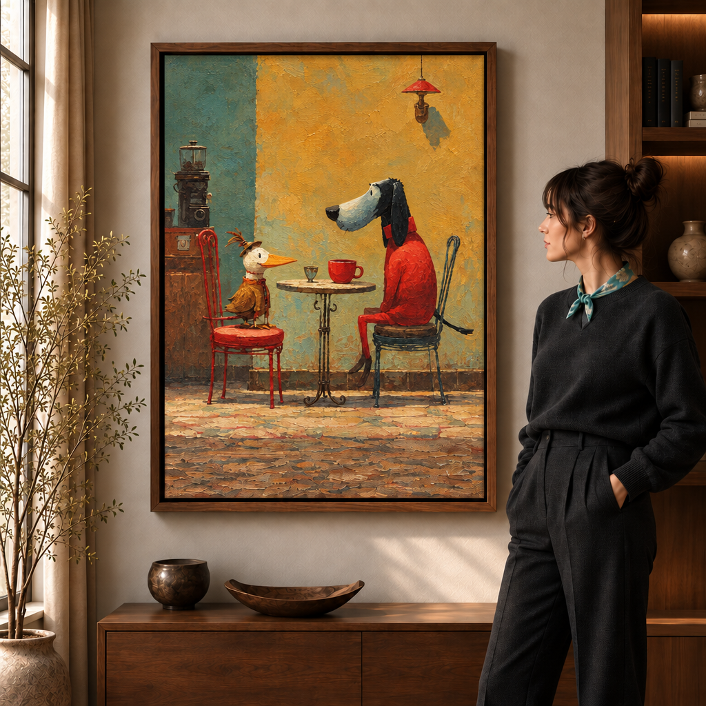 Whimsical dog and duck café canvas wall art displayed above a dark wood console