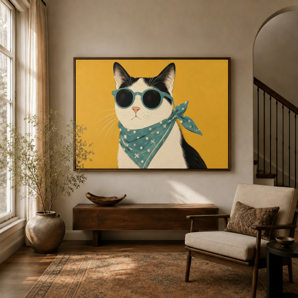 Cool cat sunglasses canvas print in walnut frame displayed above console table in warm modern entryway