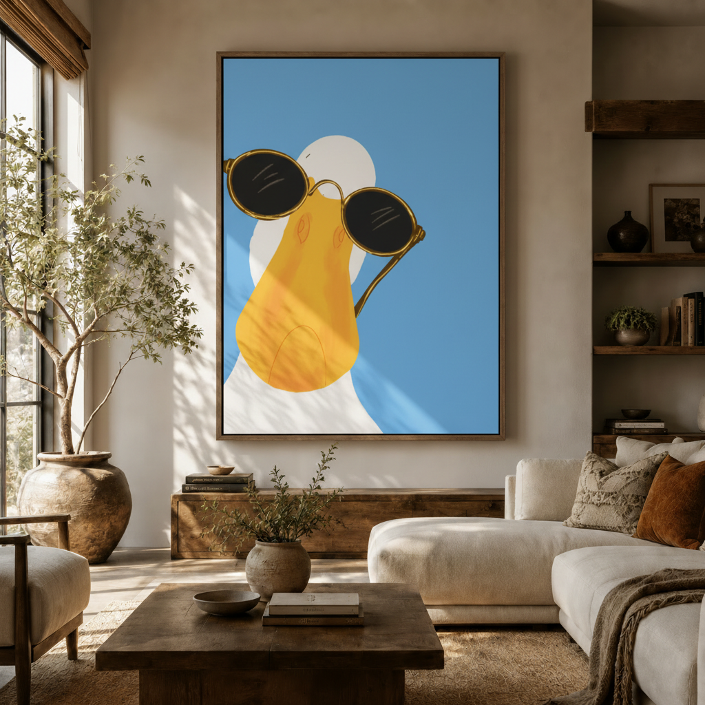 Funny duck with sunglasses canvas print displayed above sideboard in bright modern living room