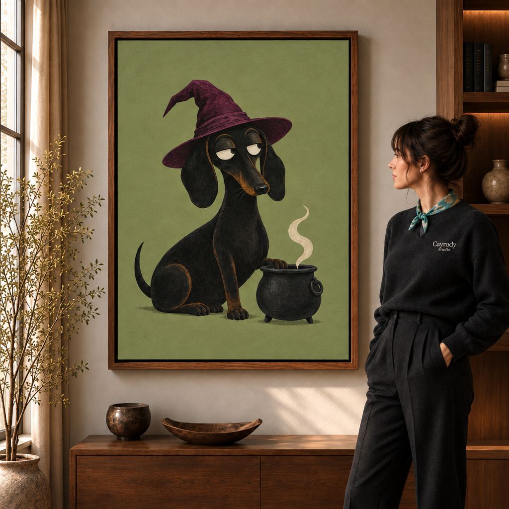 Woman in a black sweater admiring framed witch dachshund canvas wall art beside a sunlit living room window.