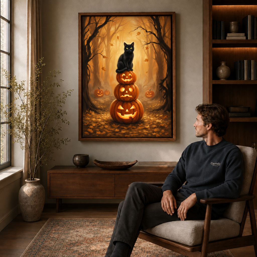 Walnut-framed black cat and pumpkin artwork displayed above a cabinet beside a seated man.