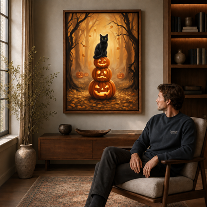 Walnut-framed black cat and pumpkin artwork displayed above a cabinet beside a seated man.