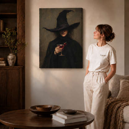 Frameless gothic witch cocktail canvas art displayed beside a woman in a modern living room