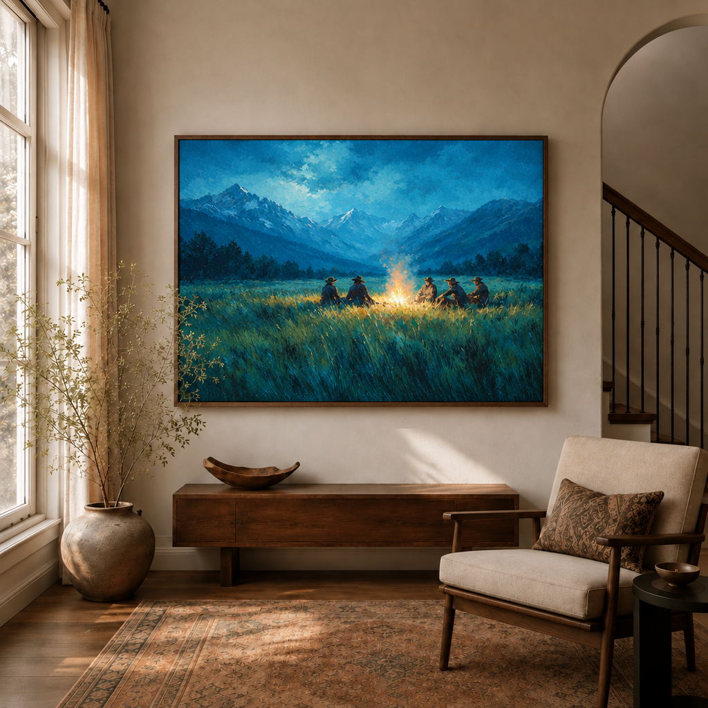 Mountain campfire canvas wall art displayed in a warm living room beside an arched staircase