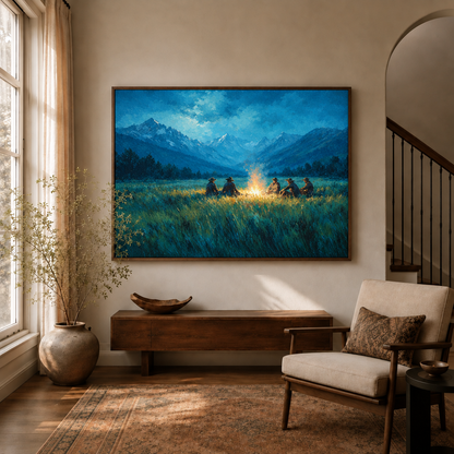Mountain campfire canvas wall art displayed in a warm living room beside an arched staircase