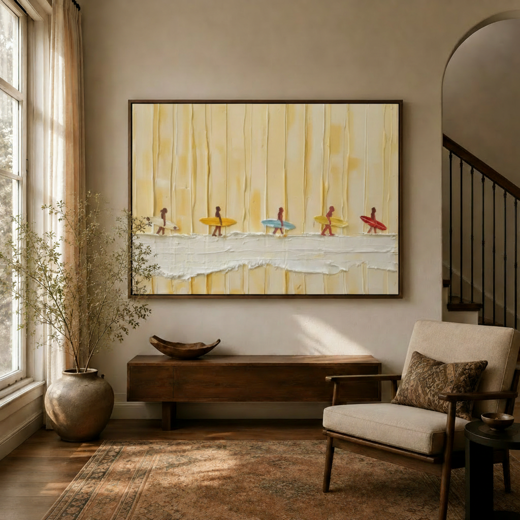 Surfer impasto oil painting in walnut float frame displayed in warm entryway above console table