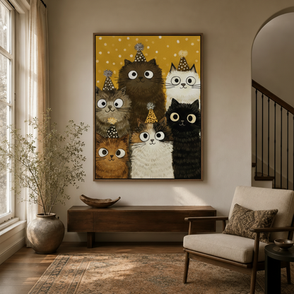 estive cat group portrait wall art styled in an elegant entryway with arched doorway and warm lighting