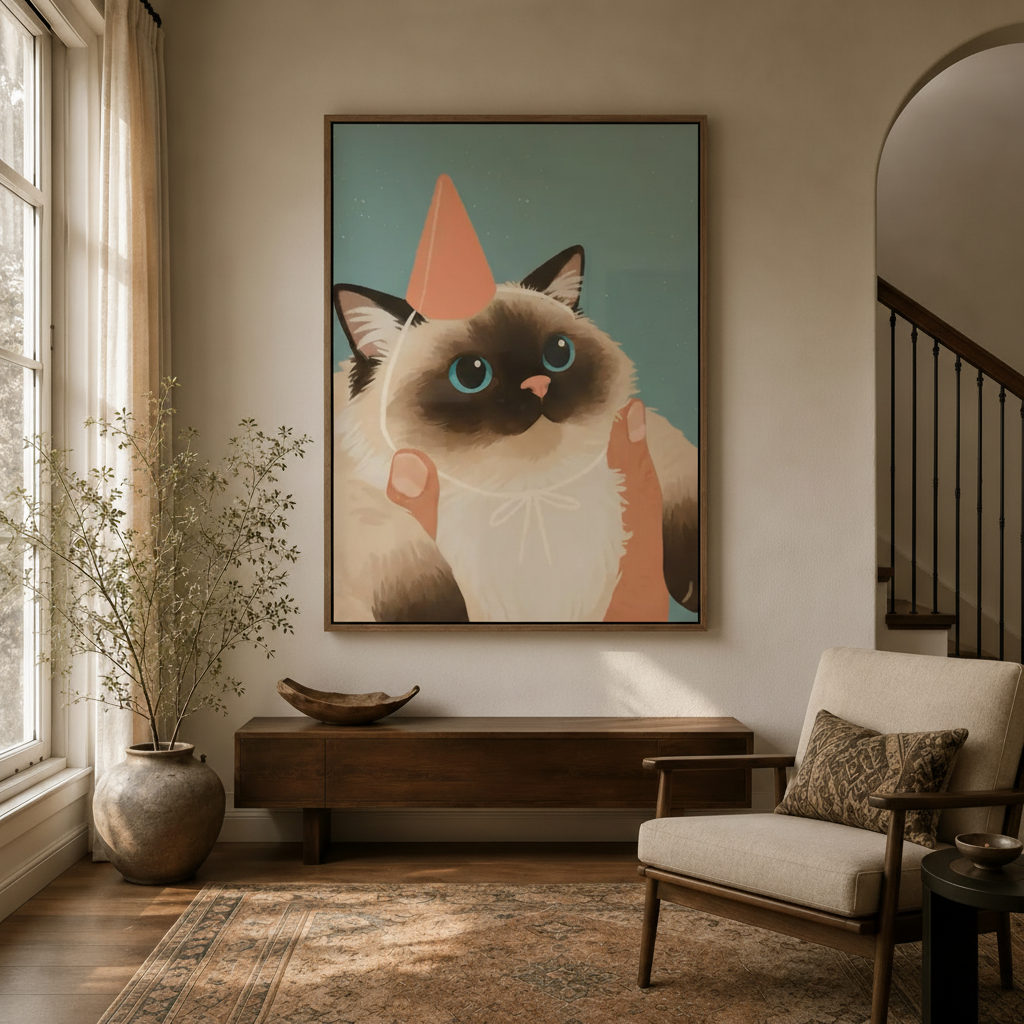 Framed whimsical party hat cat canvas art displayed above a console table in a warm neutral entryway