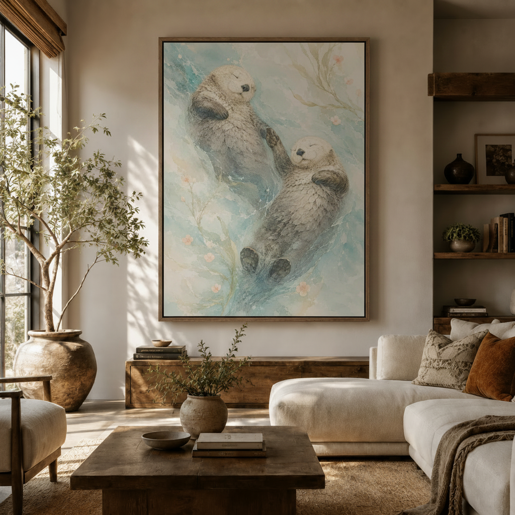 Framed sea otter holding hands watercolor print hanging in a bright entryway with arched doorway