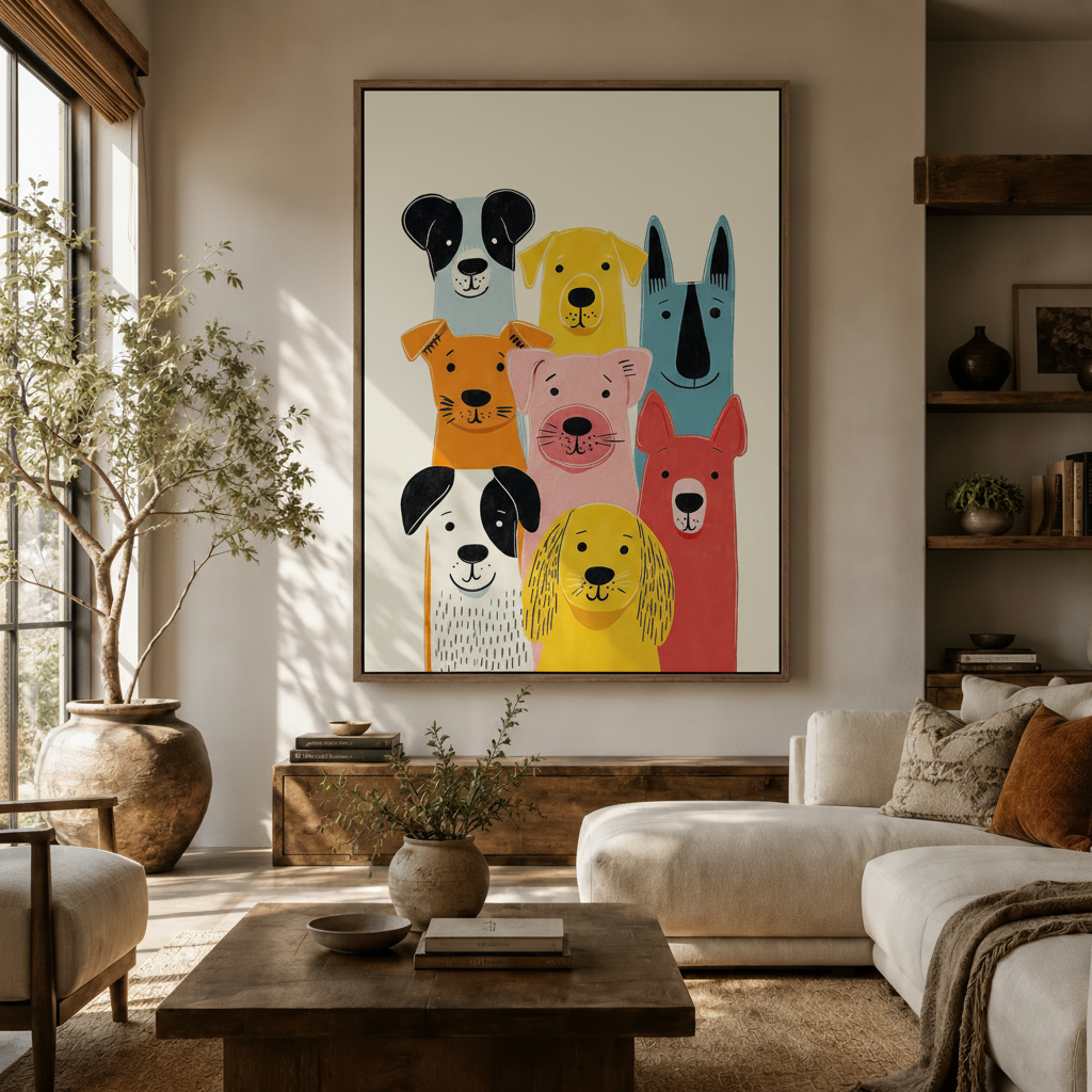 Seven playful cartoon dogs canvas wall art hanging above sofa in bright neutral living room