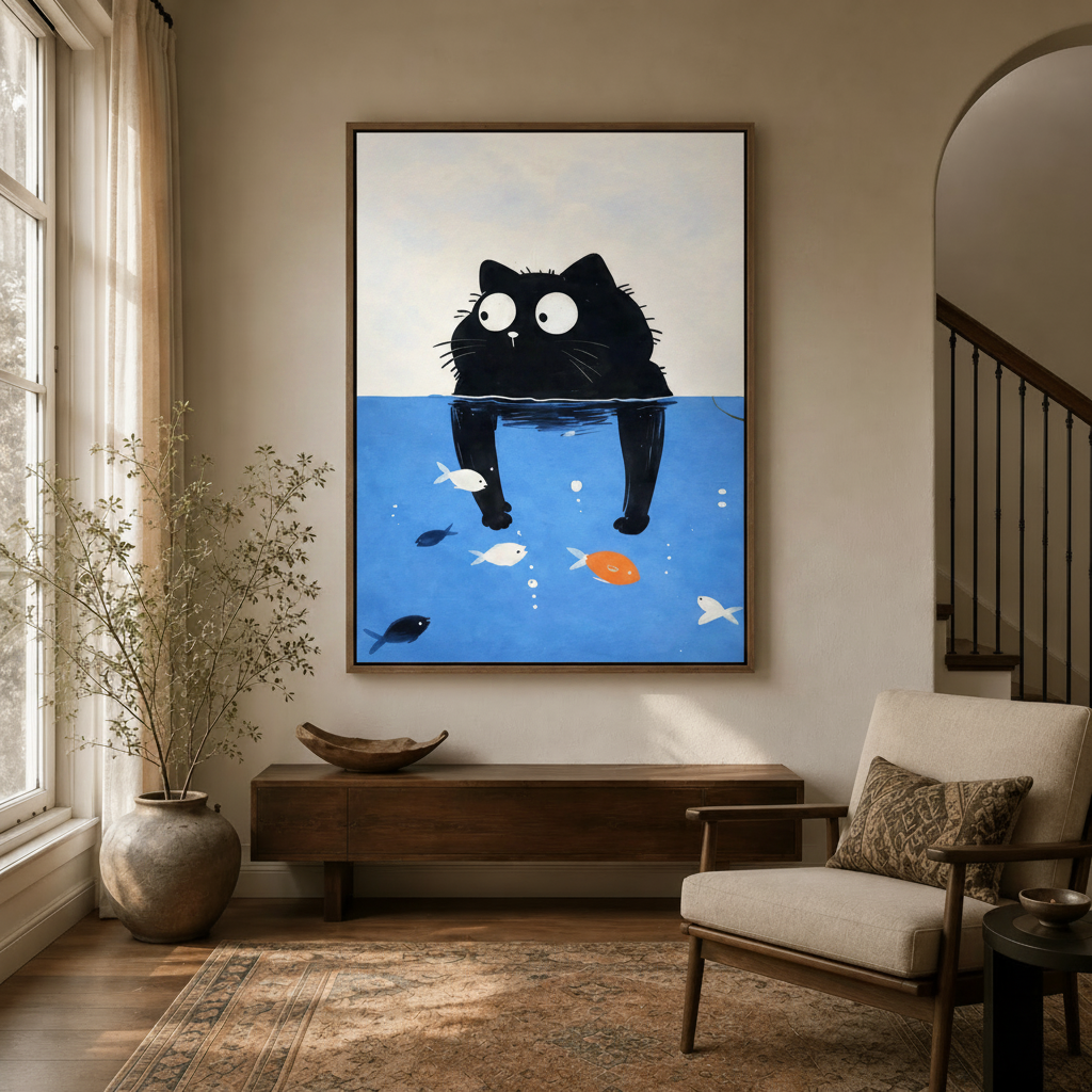 Whimsical colorful dog print in dark wood float frame displayed in warm modern entryway