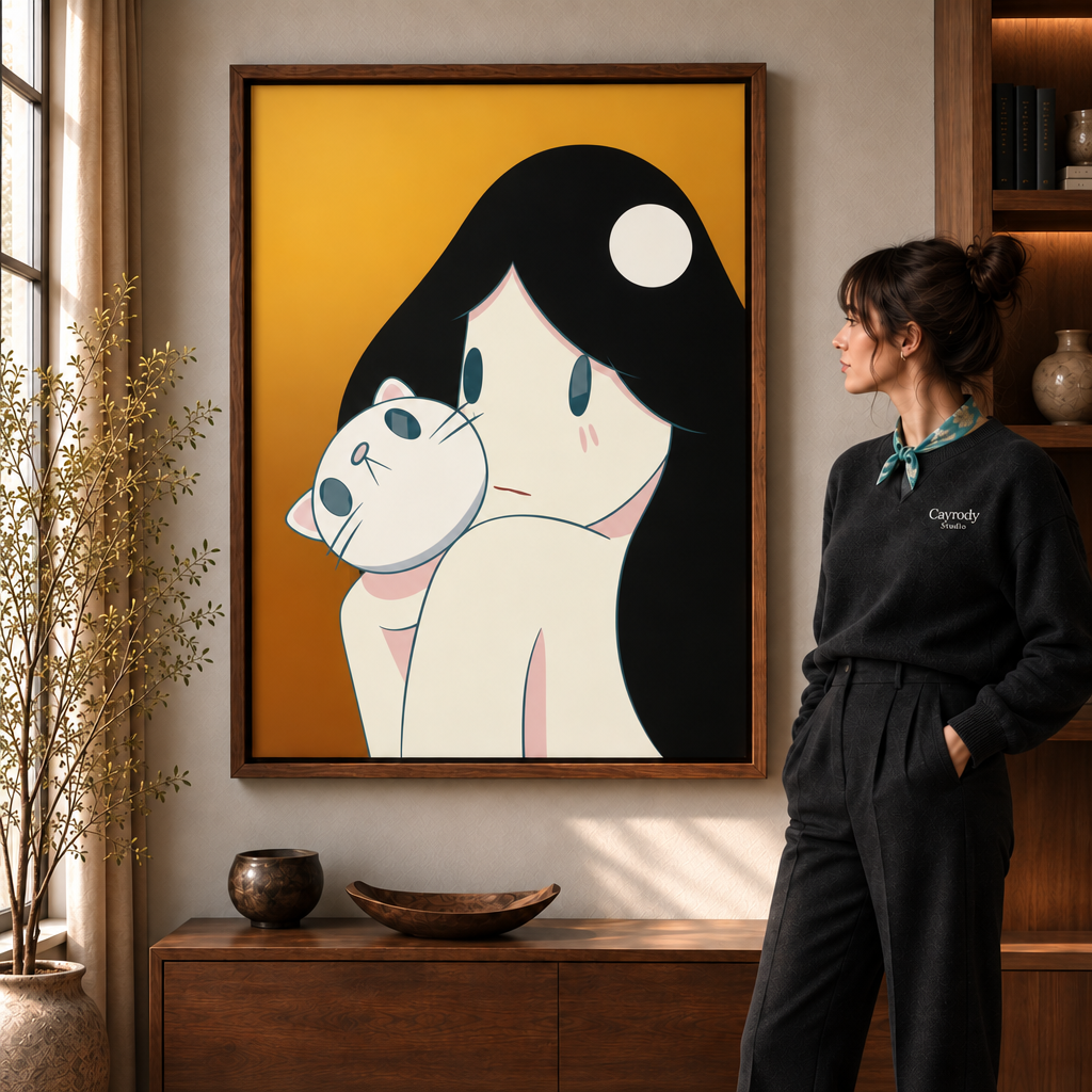 A woman in a black sweater views a framed minimalist girl and cat wall art with warm amber tones in a modern living room.
