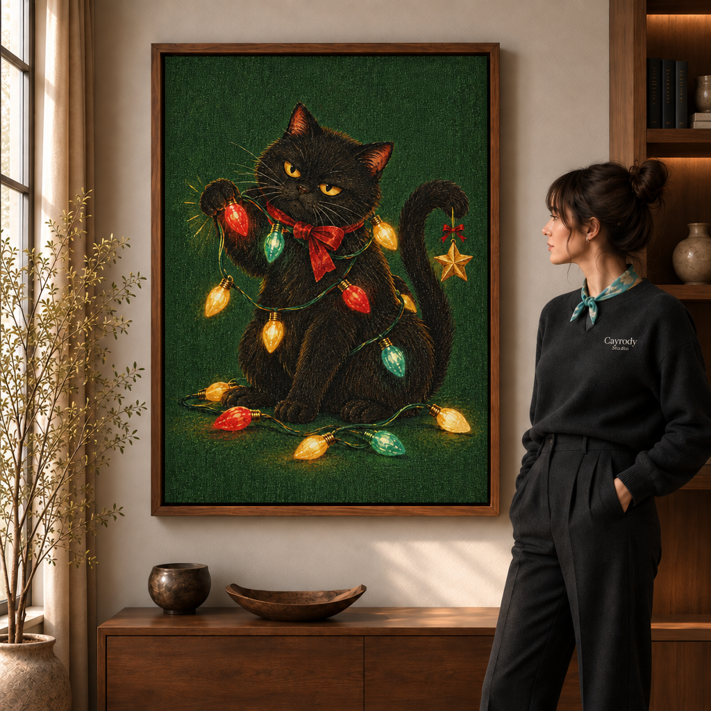 Woman in a black sweater admiring framed black cat Christmas canvas wall art with glowing holiday lights.