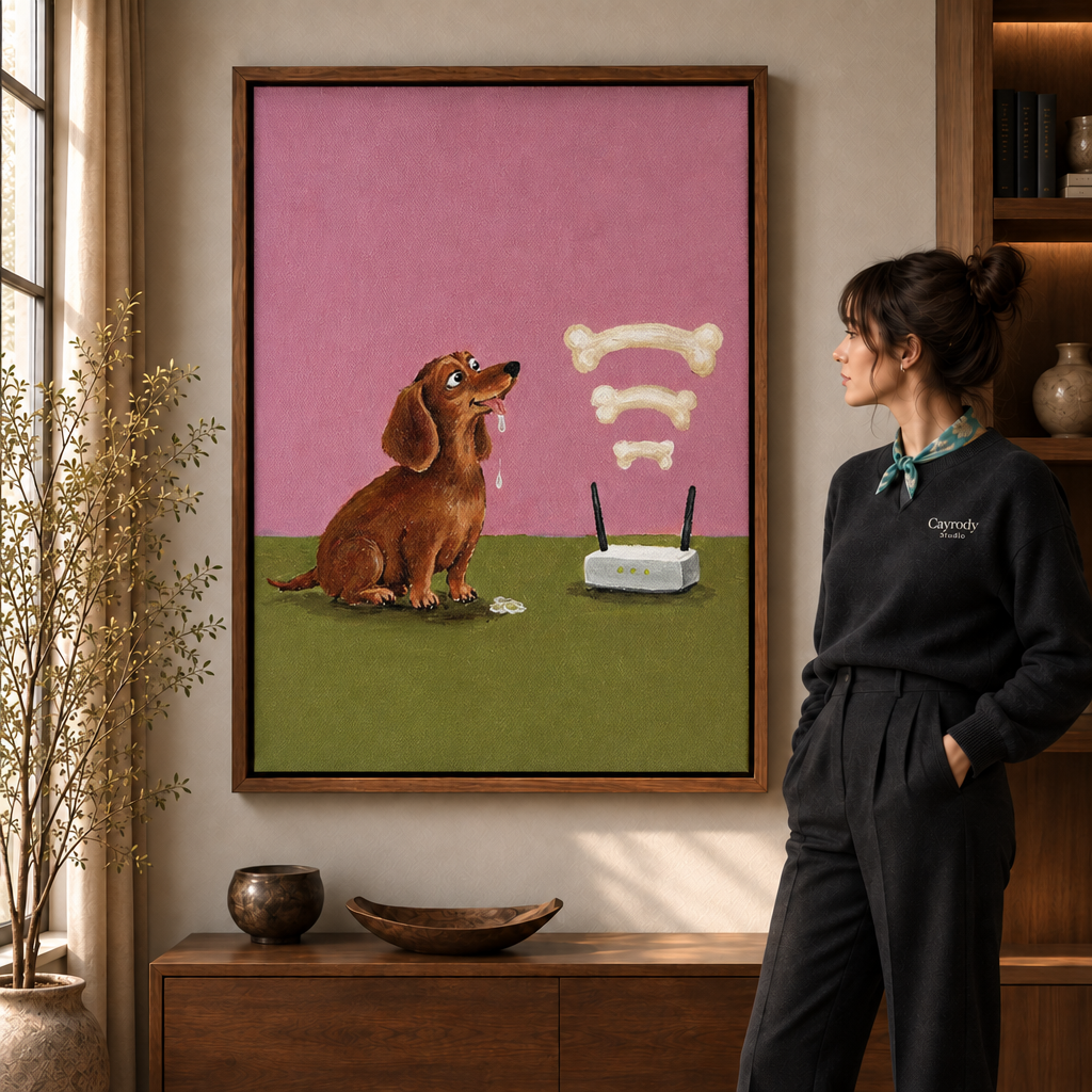 Woman in a black sweater admiring framed dachshund canvas wall art with a bone-shaped WiFi signal.