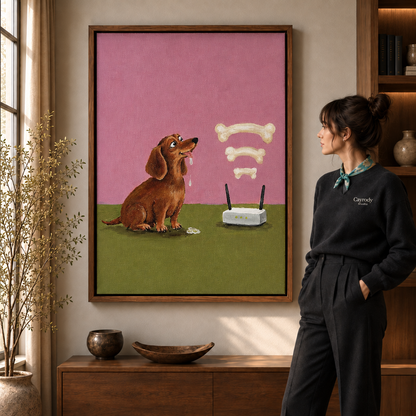 Woman in a black sweater admiring framed dachshund canvas wall art with a bone-shaped WiFi signal.