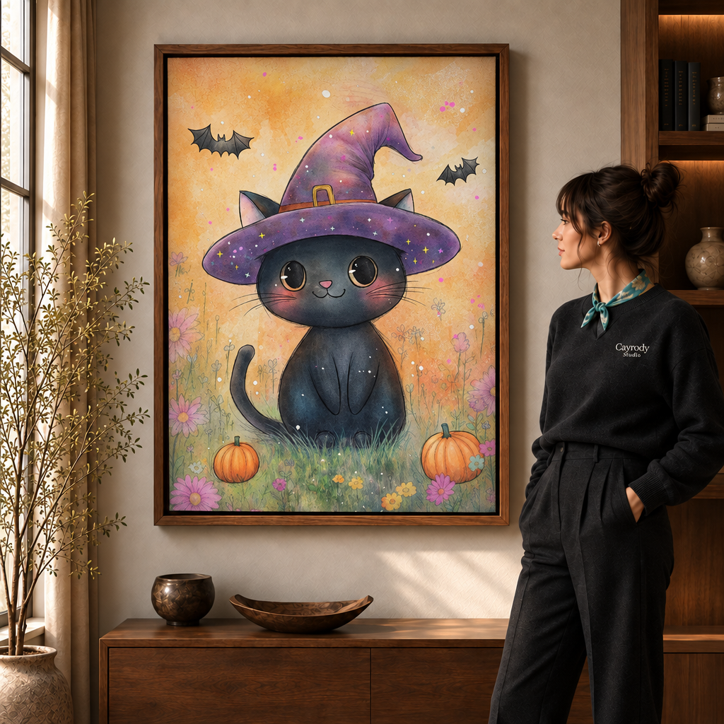 Woman admiring a walnut framed witch cat Halloween canvas print hanging beside a wooden bookshelf
