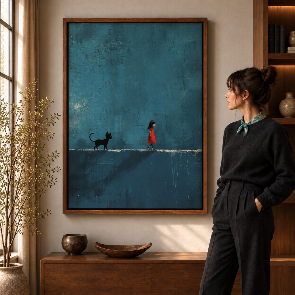 Girl in a red dress walking beside a black cat on a weathered teal wall canvas in a walnut frame