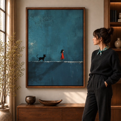 Girl in a red dress walking beside a black cat on a weathered teal wall canvas in a walnut frame