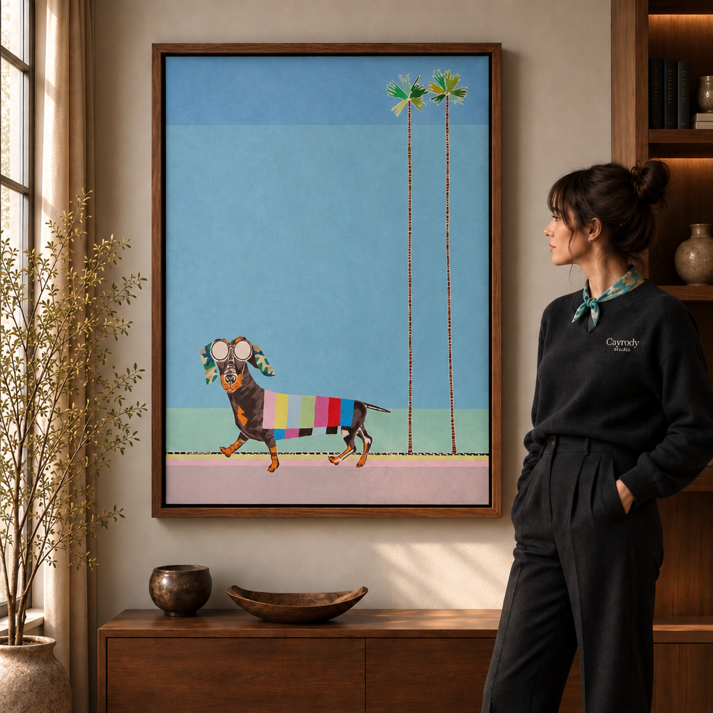 Woman in a black sweater viewing a quirky dachshund wall art in a walnut float frame, warm modern living room lighting.