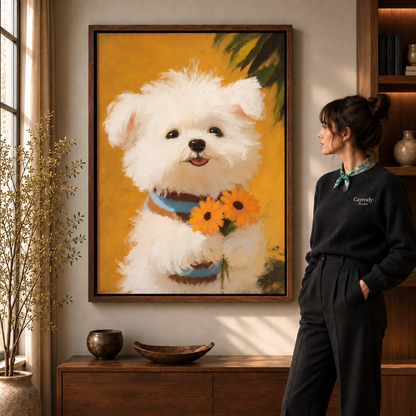 Woman in black sweater beside a walnut frame with playful puppy wall art, orange sunflowers on a golden background.