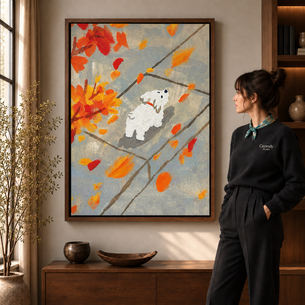 Woman in a black sweater viewing an autumn puppy wall art in a walnut float frame, warm modern living room lighting.