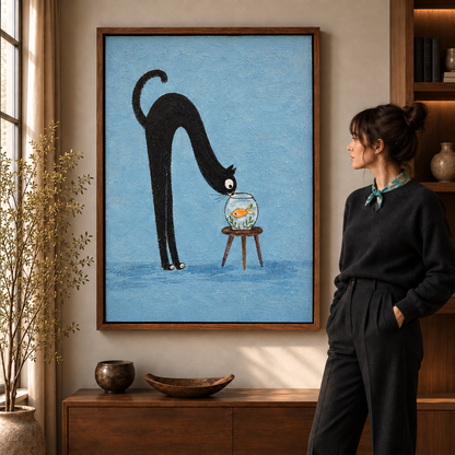 Large framed black cat and goldfish wall art styled with warm wood furniture and neutral decor