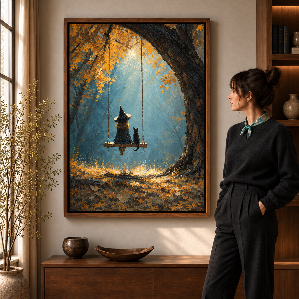 Witch and black cat swing canvas art framed in a walnut frame above a wooden console in a warm living room