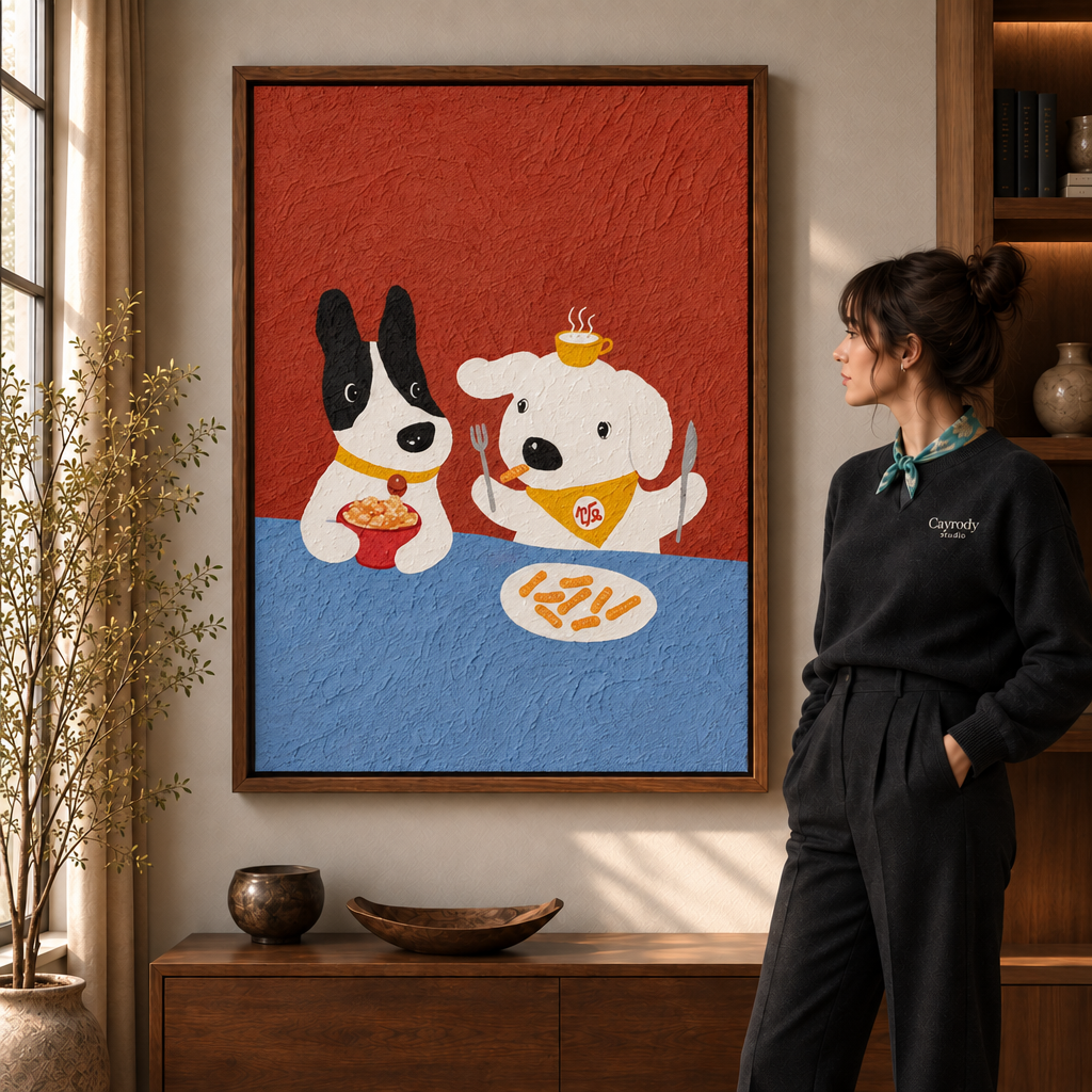 Woman in a black sweater viewing a playful dogs dining wall art in a walnut float frame, warm modern living room.