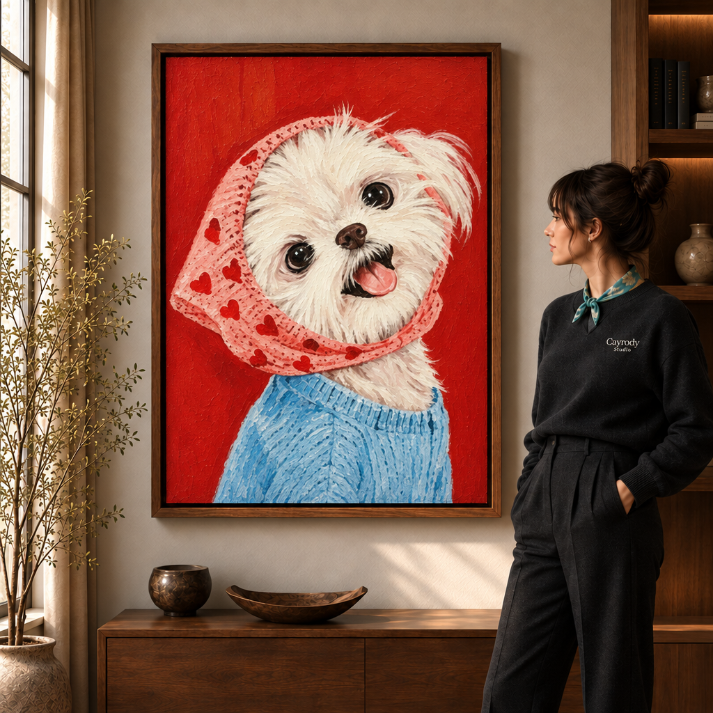 Woman in a black sweater viewing a whimsical Maltese dog wall art in a walnut float frame, warm modern living room lighting.