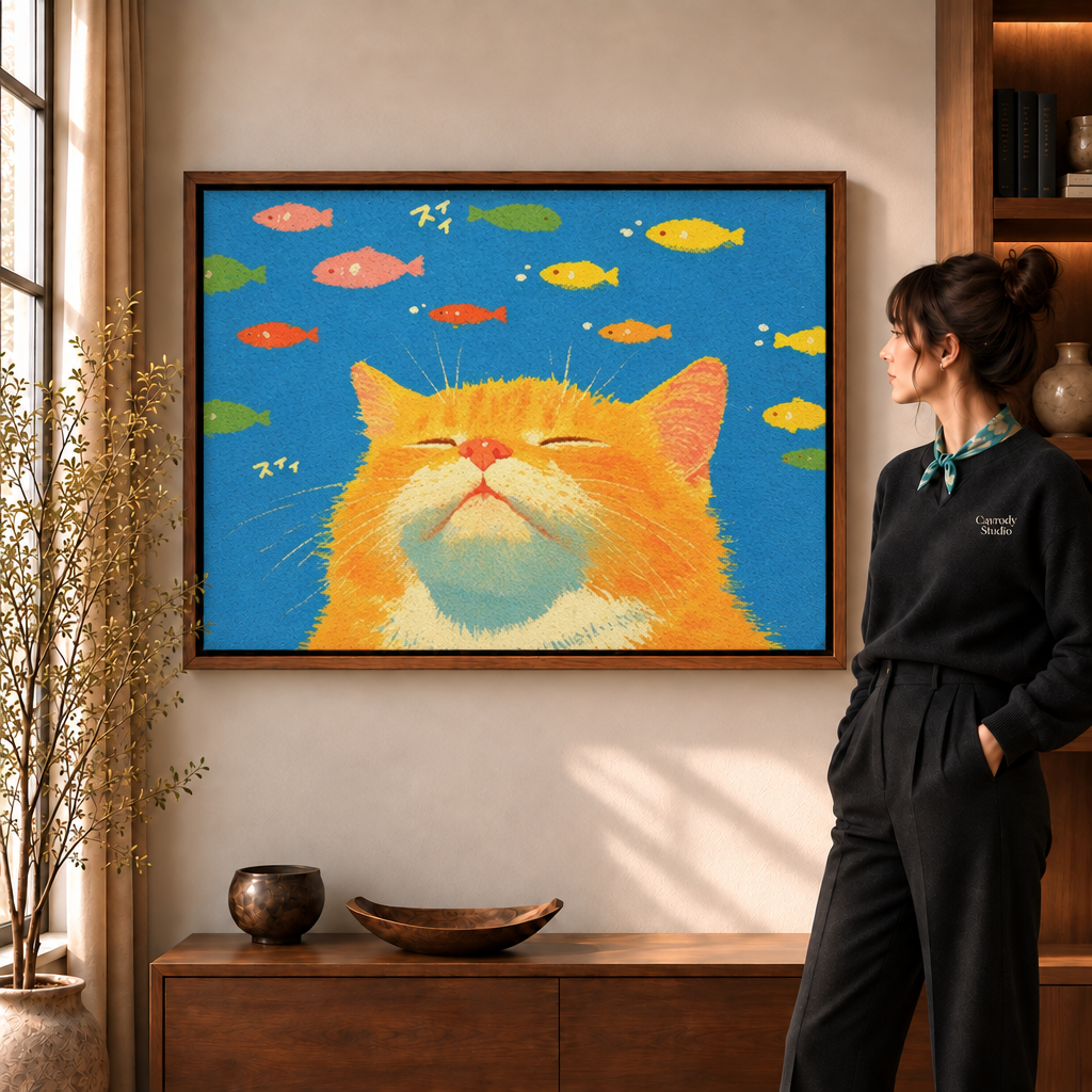 A woman in a black sweater and silk scarf stands beside a walnut-framed whimsical orange cat canvas with colorful fish.
