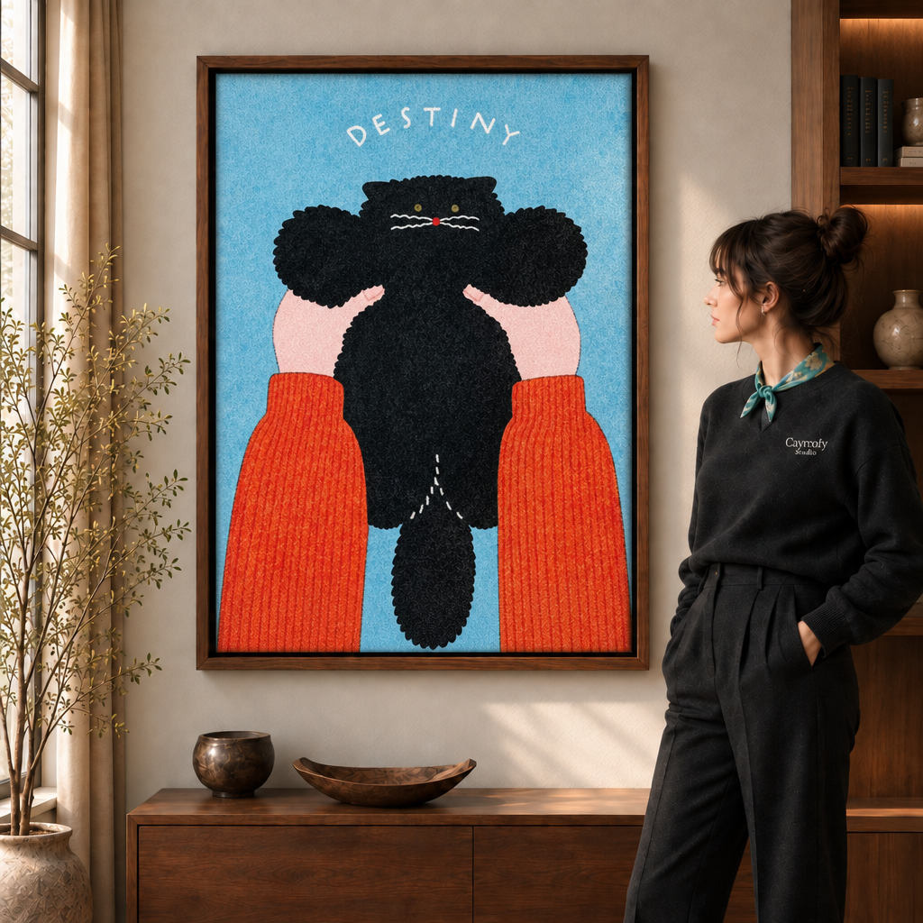Woman in black sweater beside a walnut floating frame with whimsical black cat wall art reading Destiny on blue.