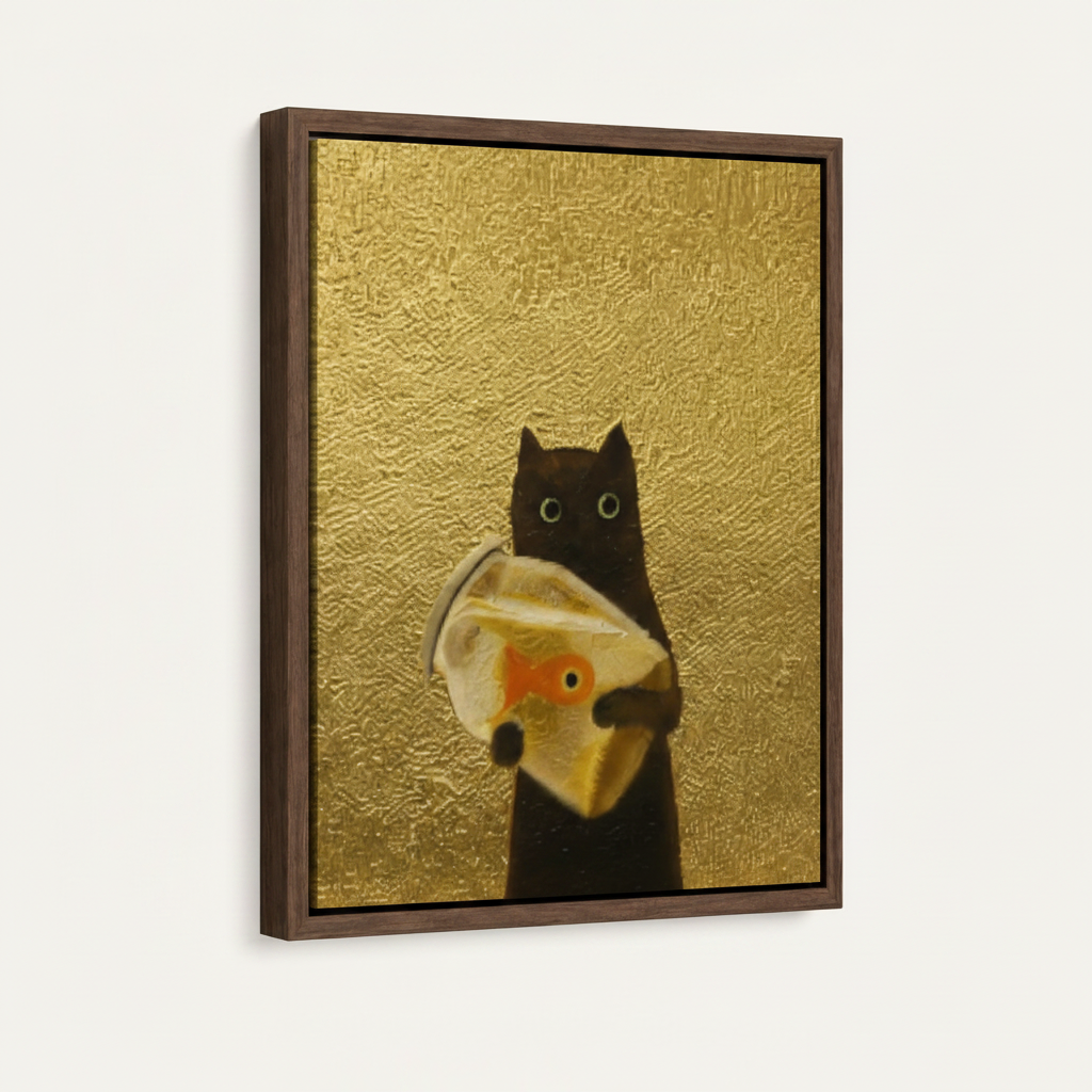 Dark walnut framed black cat goldfish canvas art product mockup on white background at left-angle view