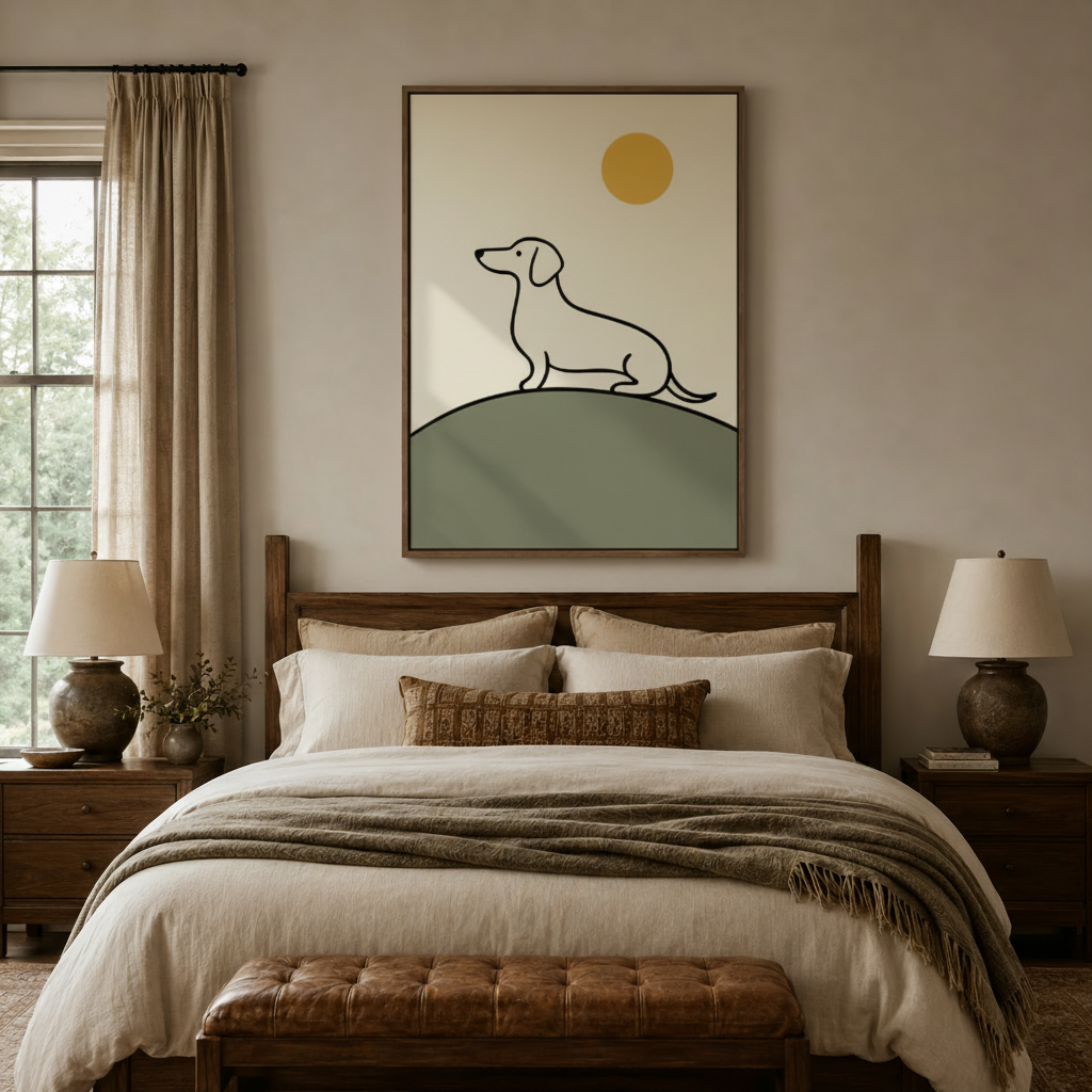 Single-line dachshund sage hill canvas wall art in dark walnut float frame above dark wood headboard in cozy neutral bedroom