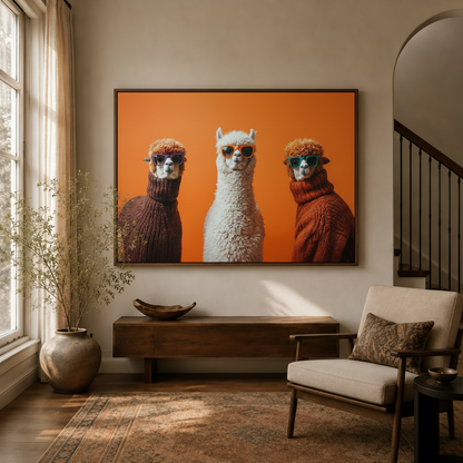 Framed funny alpaca canvas wall art displayed above console table in warm neutral living room