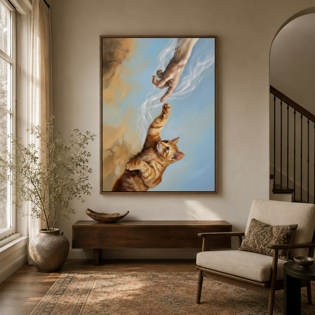 Classical cat creation parody canvas displayed in warm neutral entryway with wooden console
