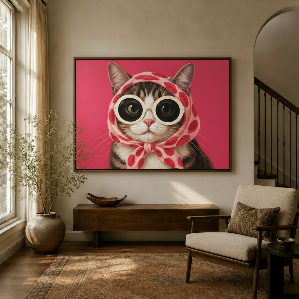 Glamour cat pop art canvas in a walnut float frame above a console table in a warm modern entryway