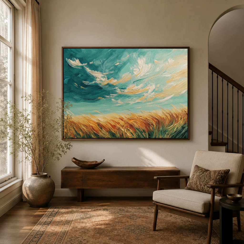 Golden wheat field impasto canvas art displayed in warm-toned entryway above walnut console table