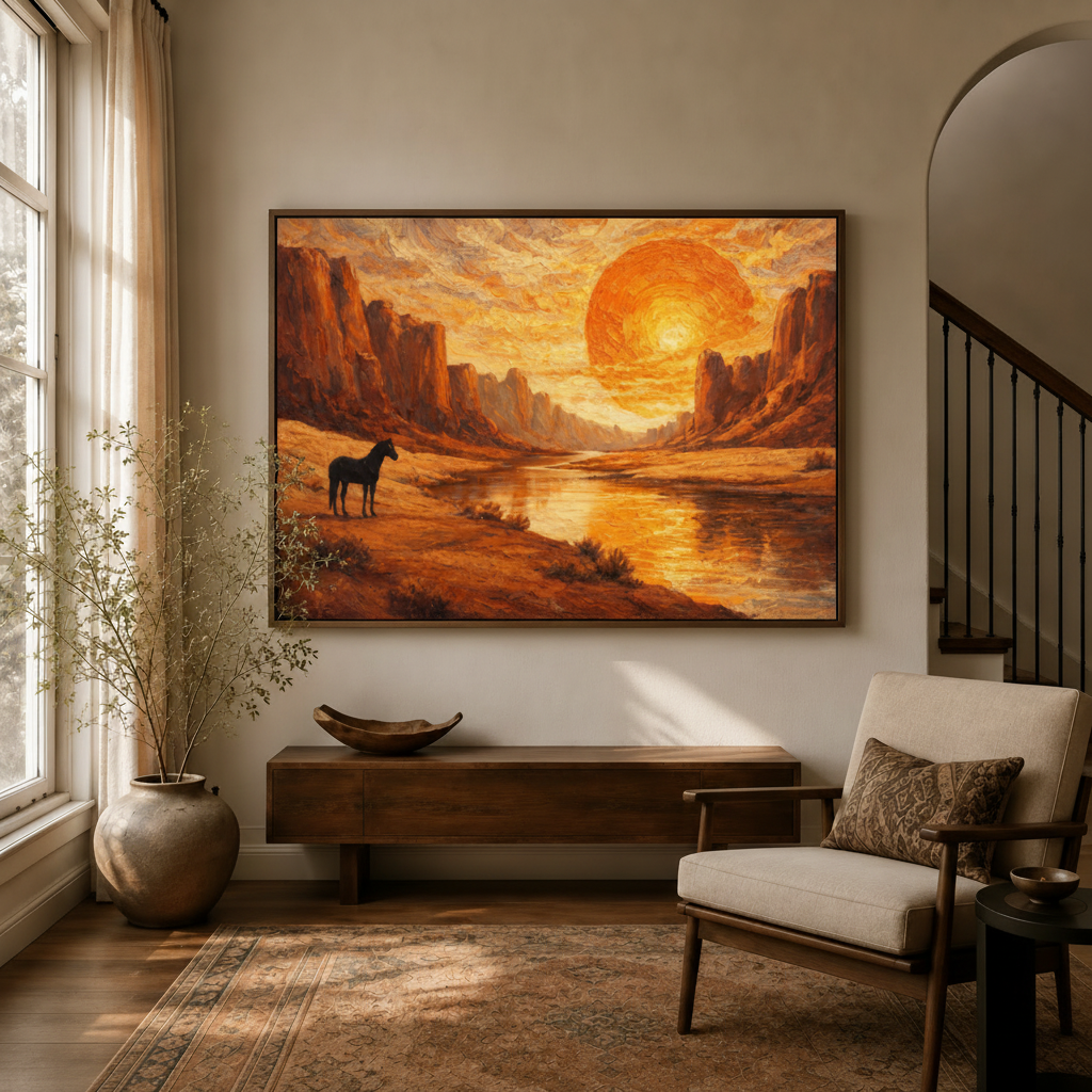 Wild horse canyon sunset impasto canvas in a walnut frame above a console table in a warm modern entryway