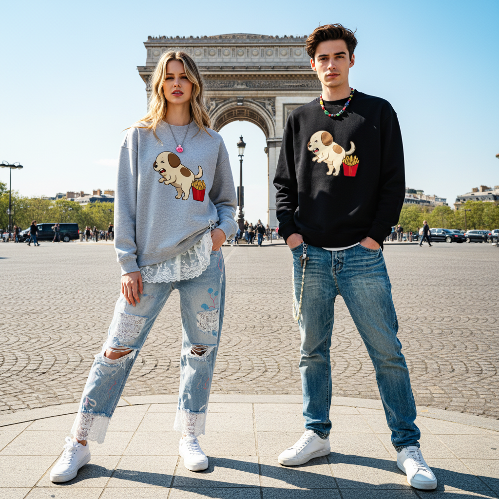 Excited Puppy French Fries Funny Crewneck C1122