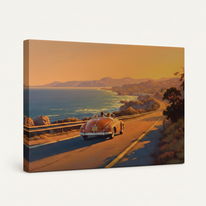 Gallery-wrapped canvas side view of retro coastal road trip scene with amber sky and Pacific coastline