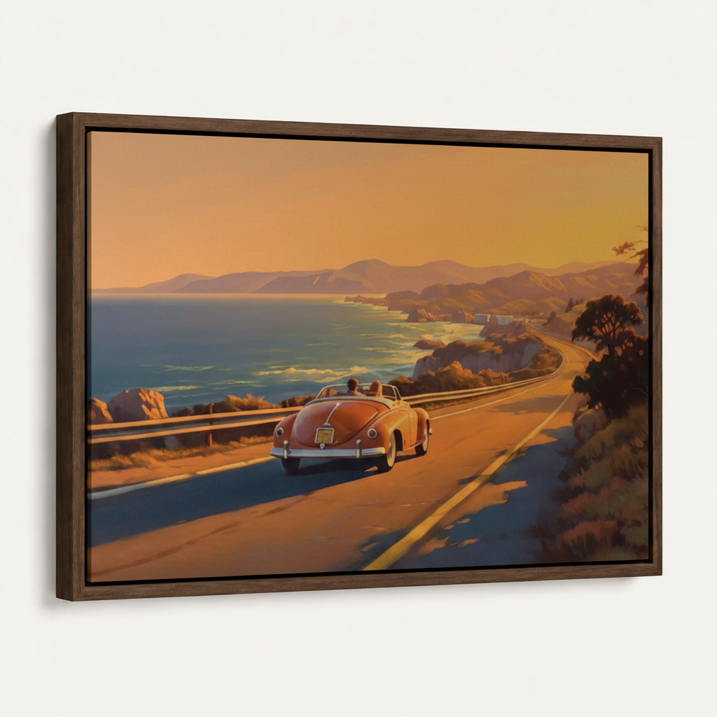 Angled framed floater canvas showing vintage red convertible on winding coastal highway at golden hour
