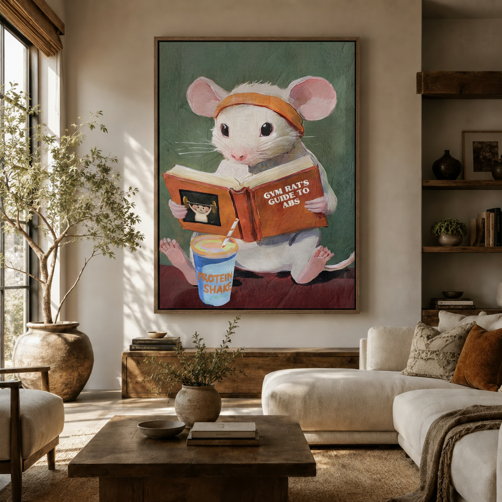 Funny gym rat mouse canvas print above wooden sideboard in warm bohemian living room with white sofa and olive tree
