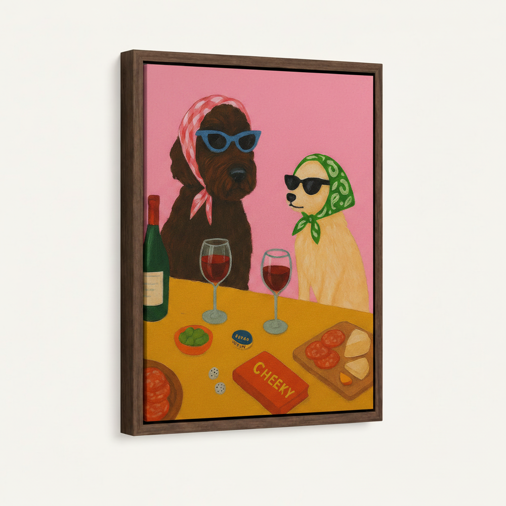 Two stylish dogs wine night canvas in dark walnut float frame shown at angle on white background