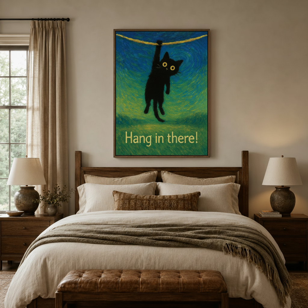 Hang in there black cat canvas print above a rustic wood bed in a warm bedroom